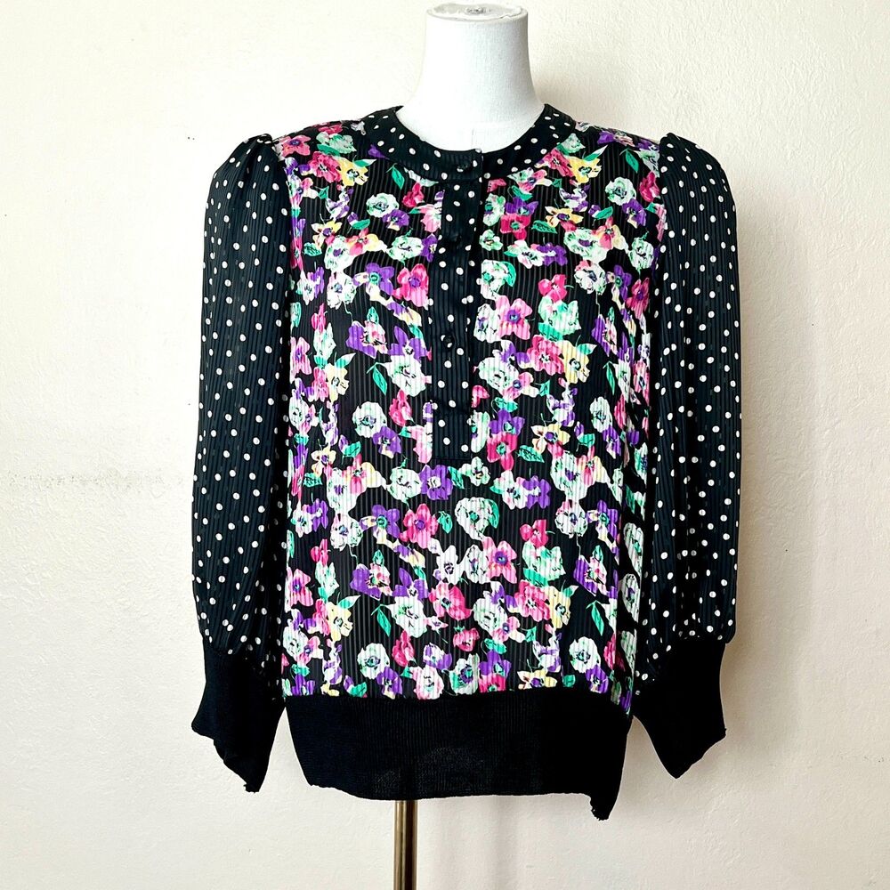 Vintage 80s Janan Studio Floral Pleated Blouse with Polka Dot Puff Sleeves Sz M